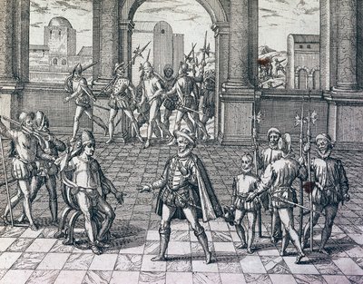 Inca Emperor Atahualpa being taken prisoner by Spaniards in Cajamarca, Peru, engraving from American History by Theodore de Bry