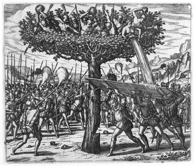 Indians in a Tree Hurling Projectiles at the Spanish by Theodore de Bry