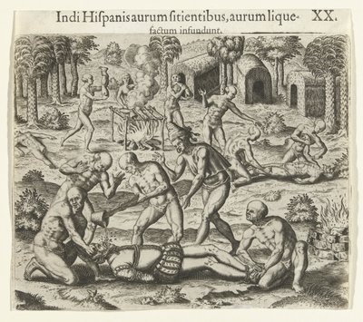 Indians pour liquid gold into the mouth of a Spaniard, 1594 by Theodore de Bry