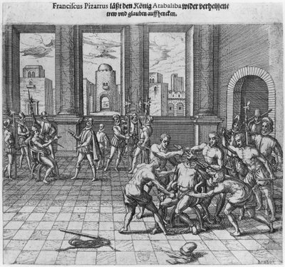 King Atahualpa executed in Cajamarca by order of Francisco Pizarro by Theodore de Bry