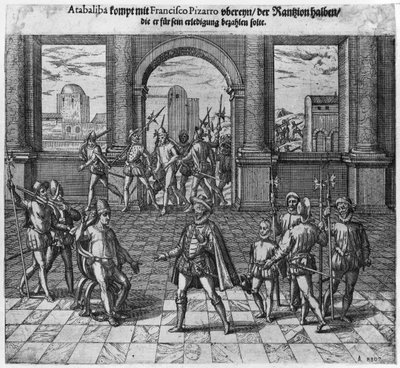 King Atahualpa (c.1502-33) treating his ransom with Francisco Pizarro, 1533 by Theodore de Bry