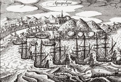 View of Acapulco, Mexico - Engraving by Theodore de Bry (ca. 1630) by Theodore de Bry
