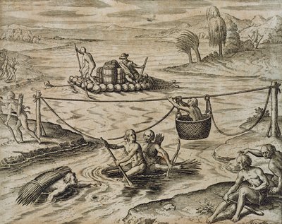 Native American Indians Going Down River Rapids by Theodore de Bry
