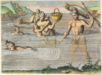 Natives in Florida: a family swimming from one island to another. From America, part II by Theodore de Bry