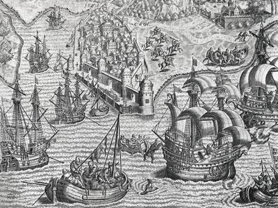 Naval battle, engraving from American History by Theodore de Bry by Theodore de Bry