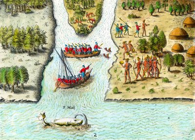 Navigation of the French in South America in the 16th century. A whale is represented. Engraving from History of America by Theodore De Bry by Theodore de Bry