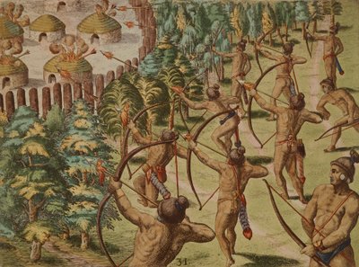Nighttime Attack on an Indian Village with Flaming Arrows by Theodore de Bry