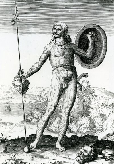 Pictish Man Holding a Human Head by Theodore de Bry