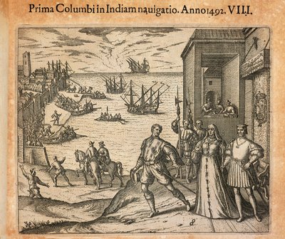 Queen Isabel and King Ferdinand Greeting the Departure of Christopher Columbus by Theodore de Bry