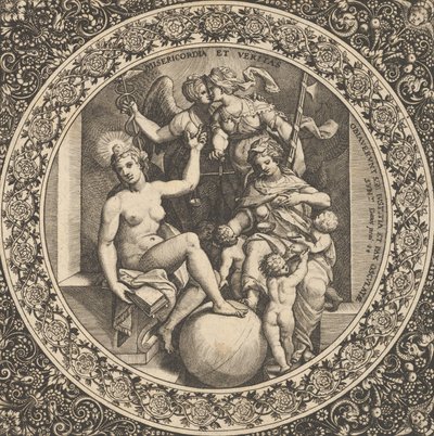 Scene with Misericordia and Veritas in a Circle at Center by Theodore de Bry