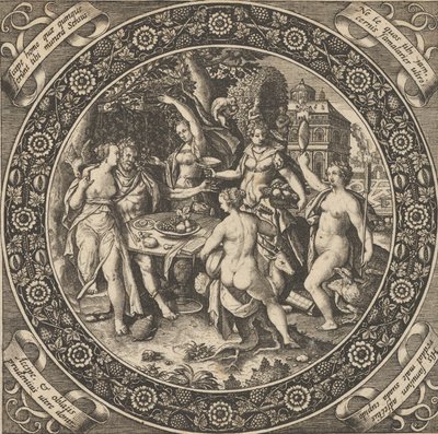 Scene with a Feast of Love in a Circle at Center by Theodore de Bry