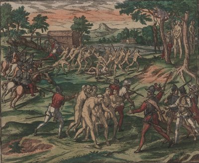 Slaves Attempt to Overcome Their Spanish Owners, but are Captured and Hanged from Trees by Theodore de Bry
