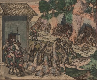 Slaves pour ore in front of European soldiers. In the background, slaves work in the mines by Theodore de Bry