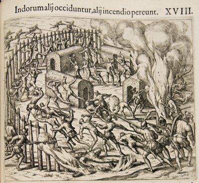 Some Indians Are Killed, Some Perish in a Fire. From: Americae Pars Qvarta by Theodore de Bry