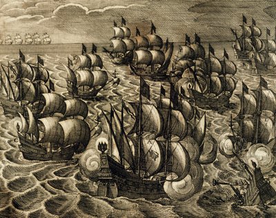 Spanish Armada command of Rodrigo Mendoza, engraving from History of America by Theodore de Bry