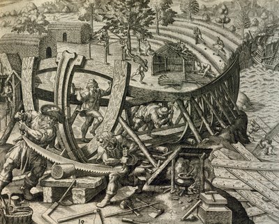 Spanish Seamen Building Caravel, from Historia Americae by Theodore de Bry