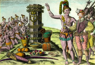 The Floridians came to the column erected by the French navigator Jean Ribault (1520-1565) of the first expedition to Florida. Engraving from History of America by Theodore De Bry (1528-1598) by Theodore de Bry