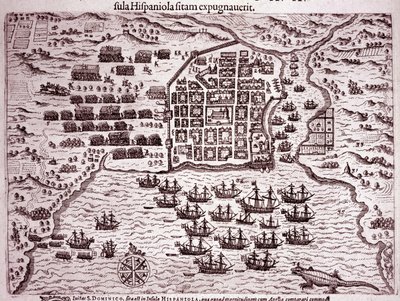 The Francis Drake fleet occupies the island of Santo Domingo (Engraving) by Theodore de Bry
