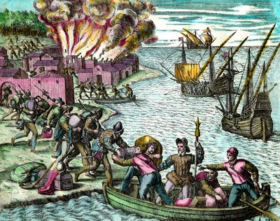 The French plunder and burn the city of Chioreran. Engraving from 
