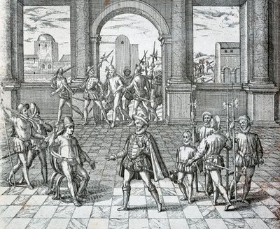 The Inca King Atahualpa Being Taken Prisoner by Spaniards in Cajamarca by Theodore de Bry