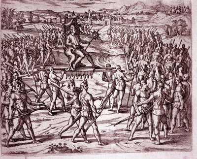 The Inca king, Atahualpa, holding a scepter in the shape of a sun, is carried on a litter to meet Francisco Pizarro (Engraving) by Theodore de Bry