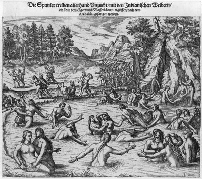 The Spanish abusing the Indian women after the capture of King Atahualpa (c.1502-33) in 1532 by Theodore de Bry