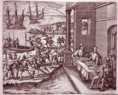 The Spanish conquistadores Francisco Pizarro, Diego de Almagro and Hernando de Luque joined forces to conquer Peru by Theodore de Bry