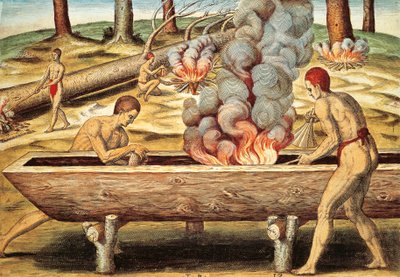 Virginia natives building a piroga by Theodore de Bry