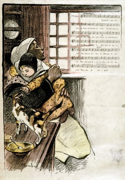 Child in the arms of a woman playing with a cat, illustrated by Steinlen for sheet music, 19th century by Théophile Alexandre Steinlen
