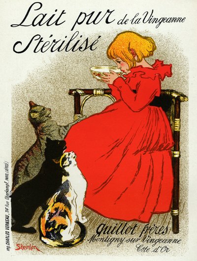 Food and Beverage. Vingeanne Milk. Little Girl with Cats. Poster by Steinlen, France, c.1890 by Théophile Alexandre Steinlen