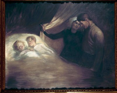 Poor People. A couple of parents of modest conditions whisper watching their children asleep. Painting by Theophile Alexandre Steinlen (1859-1923). 1903 Paris, house Victor Hugo by Théophile Alexandre Steinlen
