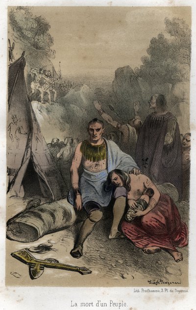 The Hurons massacres by the Iroquois in Canada in 1763 (Treaty of Paris). Engraving from 1845 in 