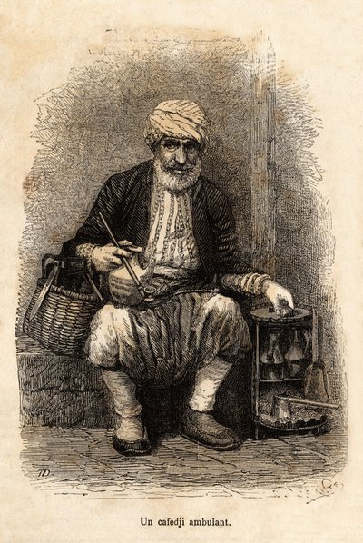 A cafe salesman (cafedji) traveling, in the bazaar of Trebizonde (present-day Trabzon, on the Black Sea coast), engraving after a drawing by the narrator, illustrating a journey to Lazistan and Armenia, of 1869, by Theophile Deyrolle, published in “Le tour by Theophile Louis Deyrolle