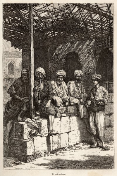 An Armenian cafe, a place of masculine conviviality, to drink coffee and smoke the pipe, engraving after a drawing by the author, illustrating the journey in Lazistan and Armenia by Theophile Louis Deyrolle