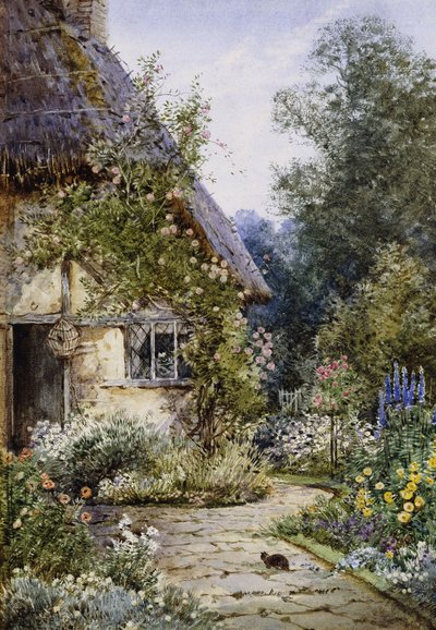 A Cottage Garden with a Cat in the Foreground; and a Cottage Border in Summer by Theresa Sylvester Stannard