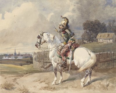 French Dragoon on a White Horse, Facing Left, in Profile by Théodore Fort (signed by artist)