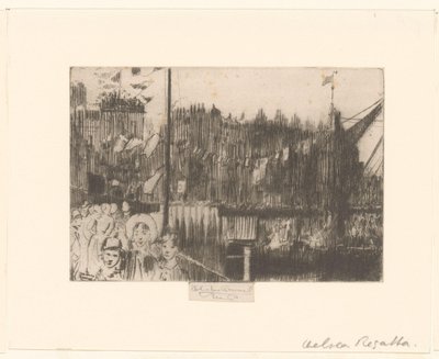 Cityscape with Figures on Flag-decorated Quay by Théodore Roussel (signed by artist)