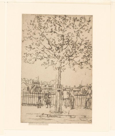 Six figures by a fence along a river, with a tree in the foreground by Théodore Roussel (signed by artist)