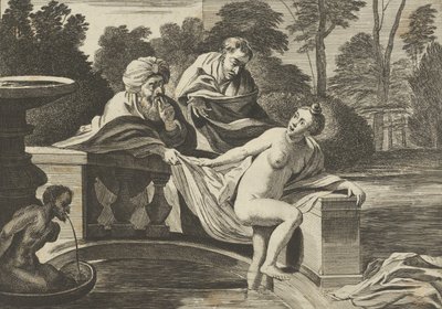 Susanna, Partly Naked and Stepping Out of a Fountain with Two Elders at Left by Théodorus van Kessel