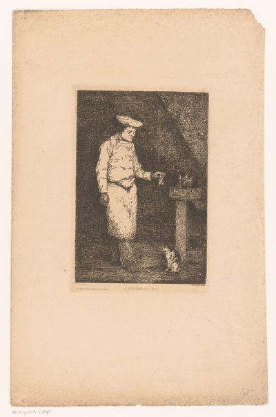 Dark Interior with a Cook Holding a Piece of Meat for a Cat by Théodule Augustin Ribot