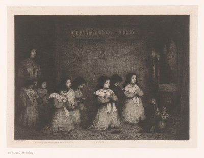 Group of Girls Praying Before a Statue of Mary (The Prayer) (Eaux-Fortes Modernes: Originales et Inédites) by Théodule Augustin Ribot