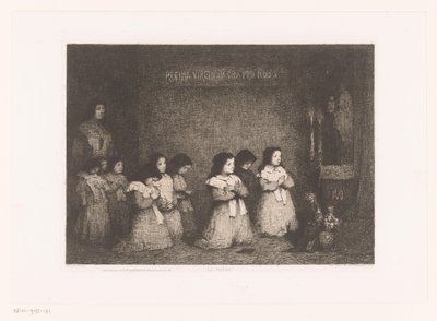 Group of Girls Praying Before a Statue of Mary (The Prayer) (Modern Etchings: Original and Unpublished series) by Théodule Augustin Ribot