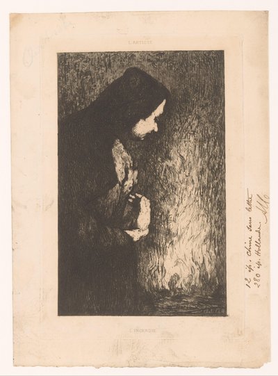 Standing Woman Looking at Burning Village in the Background by Théodule Augustin Ribot