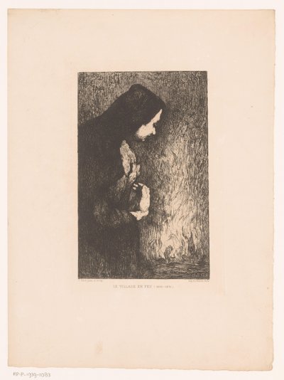 Standing Woman Looking at Burning Village in the Background by Théodule Augustin Ribot
