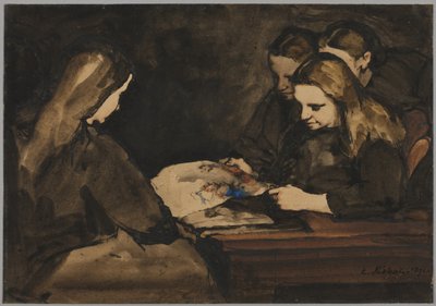 Four Girls Studying a Drawing by Auguste Theodule Ribot