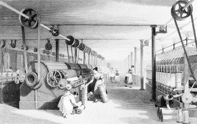 Carding, Drawing and Roving, engraved by J. Carter by Thomas (after) Allom
