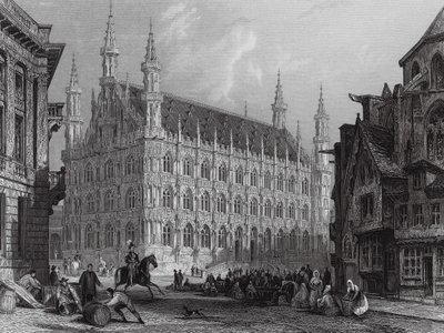 Town Hall of Louvain, with part of the Cathedral by Thomas (after) Allom