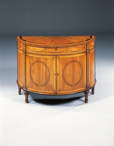 George III marquetry demi-lune commode, c.1760-79 by Thomas (attr.to) Chippendale
