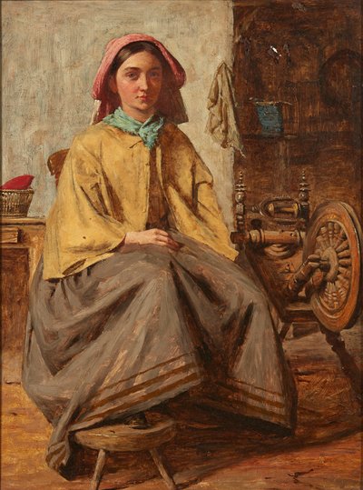 At the Spinning Wheel by Thomas (follower of) Faed