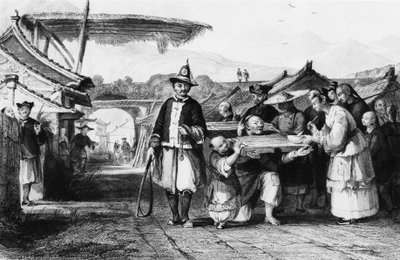 Punishment using tcha or cangue, engraving by Thomas Allom from Chinese Empire by Thomas Allom